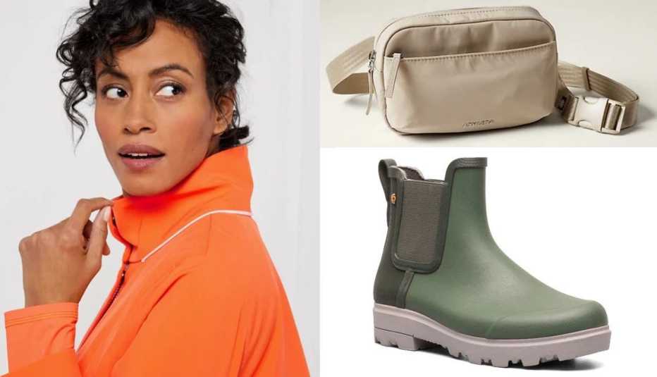 Chaqueta y bolso impermeable y botas de mujer a prueba de agua. Chaqueta y bolso impermeable y botas de mujer a prueba de agua.