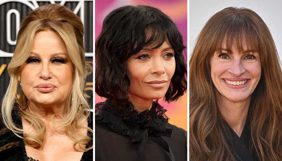 jennifer coolidge thandiwe newton and julia roberts all wearing their hair in bangs
