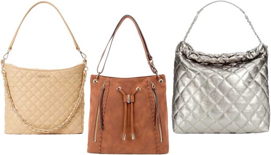 Bolso de correa larga MZ Wallace Crosby Hobo en Camel, bolso de correa larga Rosetti Jane Hobo Bag en tortoise shell, Bolso grande acolchado de cuero sintético I.N.C. International Concepts Kyliee Quilted Faux Leather Large Shoulder Bag en Dark Silver