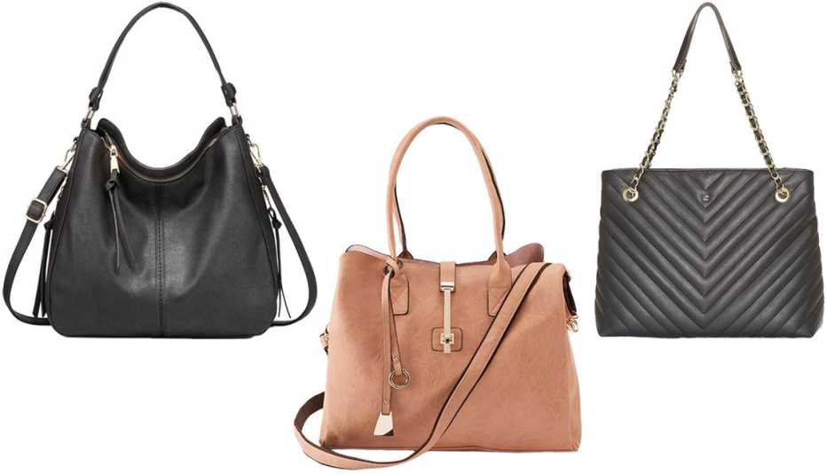 Bolso grande de correa larga en forma de cubo en cuero sintético Realer Large Hobo Bucket Bag in Faux Leather for Women en negro con broches dorados Black-Golden Hardware, bolso estilo satchel convertible Mellow World Jasmine Convertible Satchel en Peach, bolso Liz Claiborne City Tote Bag en negro