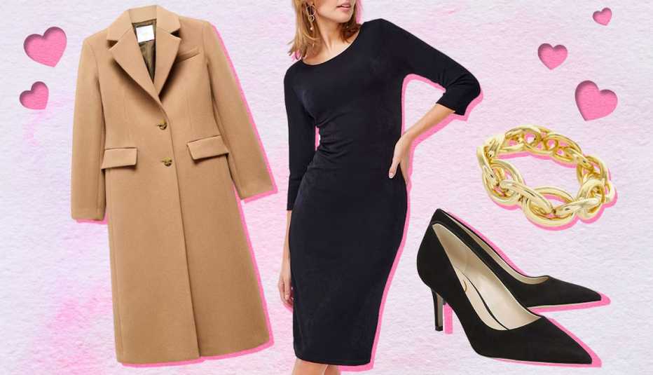 Abrigo de lana, vestido clásico en negro, zapatos de tacón medio para mujer y pulsera de eslabones de cadena doble