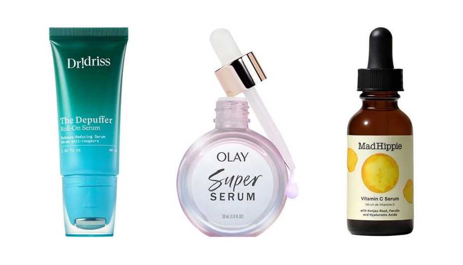 (De izquierda a derecha) Dr !Driss The Depuffer: Roll On Serum; Olay Super Serum; Mad Hippie Vitamin C Serum