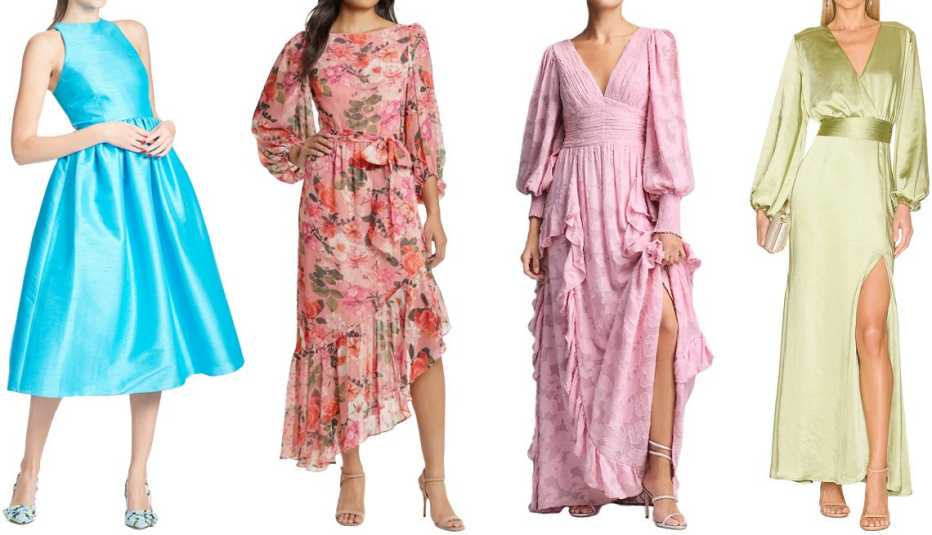 Vestido en azul eléctrico de Alicia Dress, vestido maxi con mangas tipo globo en estampado floral de Eliza J., vestido con mangas largas y cuello en V con volantes en tela Jacquard color rosa de BHLDAN Ariana y vestido maxi en color aguacate de Elliatt Ka 