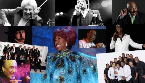 Conjunto de imágenes de figuras destacadas de la salsa como Celia Cruz, Tito Puente, Hector Lavoe, Eddie Palmieri y otros.