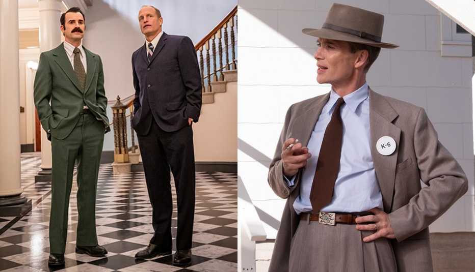 (De izquierda a derecha) Justin Theroux como G. Gordon Liddy y Woody Harrelson como E. Howard Hunt en "White House Plumbers"; Cillian Murphy como J. Robert Oppenheimer en "Oppenheimer".