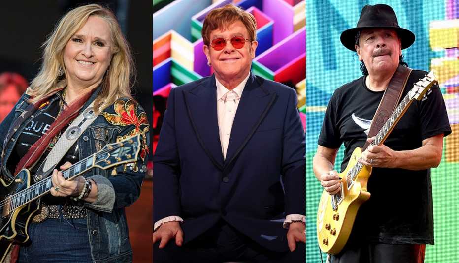 Imágenes lado a lado de Melissa Etheridge, Elton John y Carlos Santana.