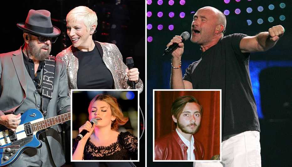 Izquierda: Annie Lennox (con Dave Stewart, su compañero de Eurythmics) cantando en el 2019. Recuadro izquierdo: su hija Lola Lennox. Derecha: Phil Collins en escena en el 2006. Recuadro derecho: su hijo Nic Collins de la banda Better Strangers. Izquierda: Annie Lennox (con Dave Stewart, su compañero de Eurythmics) cantando en el 2019. Recuadro izquierdo: su hija Lola Lennox. Derecha: Phil Collins en escena en el 2006. Recuadro derecho: su hijo Nic Collins de la banda Better Strangers.