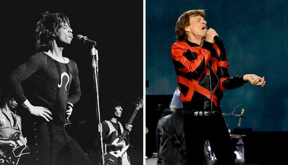 Mick Jagger en el escenario con los Rolling Stones en 1969 (izquierda) y en el 2022 (derecha).