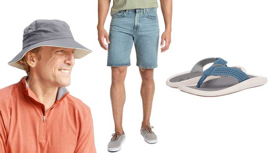 Sombrero, jeans cortos y sandalias de playa para hombres. Sombrero, jeans cortos y sandalias de playa para hombres.