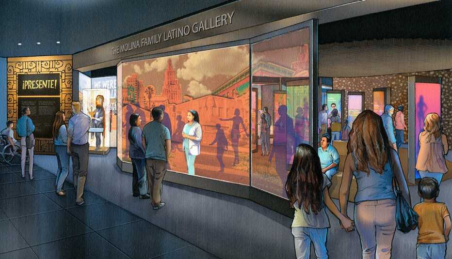Una ilustración muestra varias personas en una exhibición en el museo
