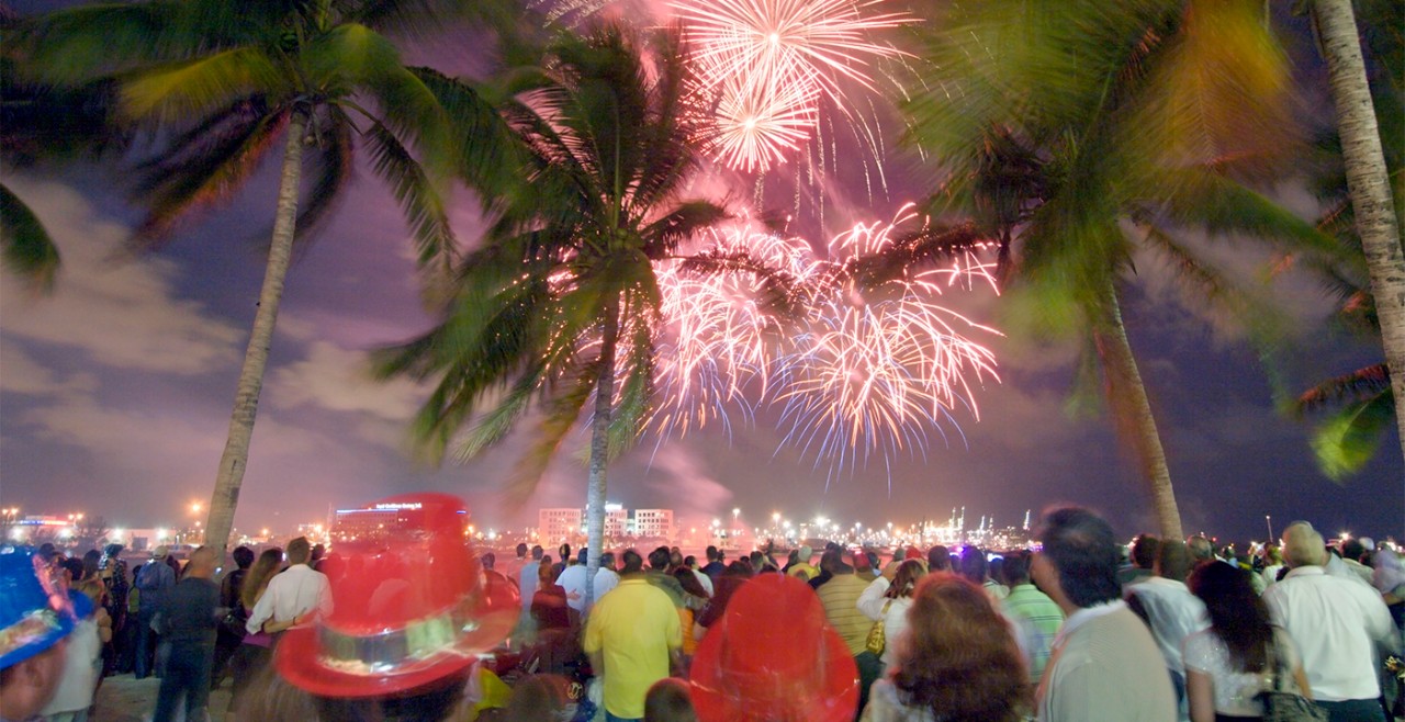 A crowd gathered on New Year's Eve to watch fireworks among the palms.