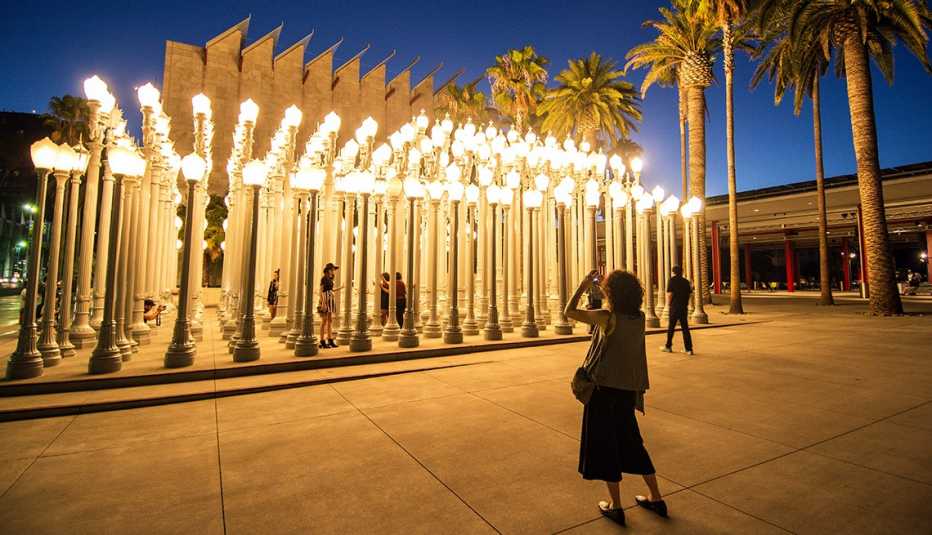 'Urban Light,' an installation of 202 restored 1920's era cast iron street lamps, located outside the Los Angeles County Museum of Art. 