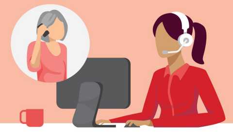 Gráfica mostrando a una agente de servicio al cliente y en una burbuja una mujer mientras contesta el teléfono  Gráfica mostrando a una agente de servicio al cliente y en una burbuja una mujer mientras contesta el teléfono