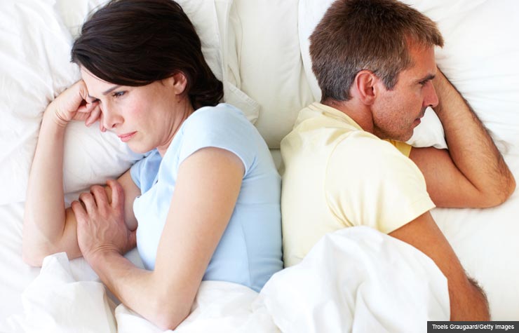 Pareja en la cama de espaldas - Terapia sexual, Unhappy couple in bed facing away, Sex therapy