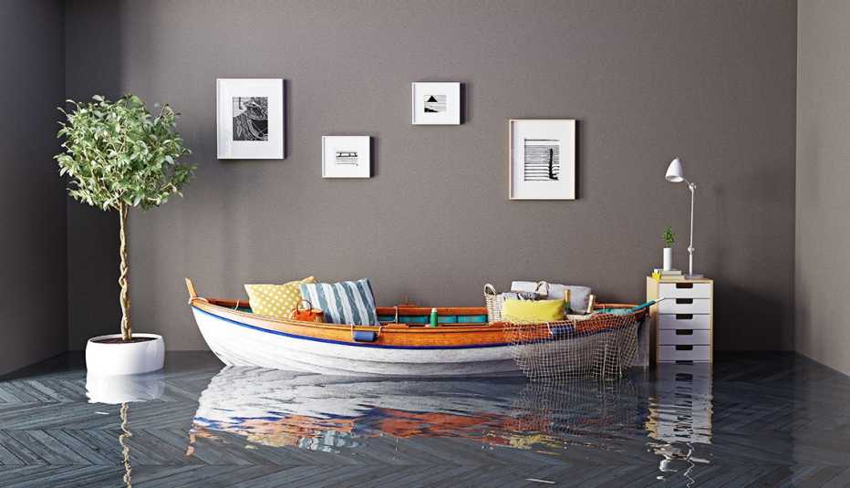 bote que flota en una sala llena de agua