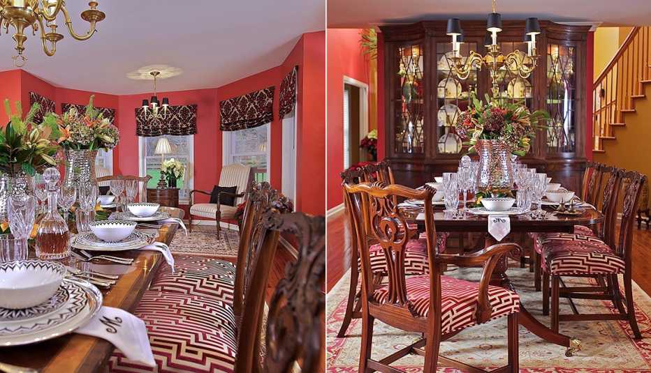 Dos fotos de una mesa de comedor muy bien decorada