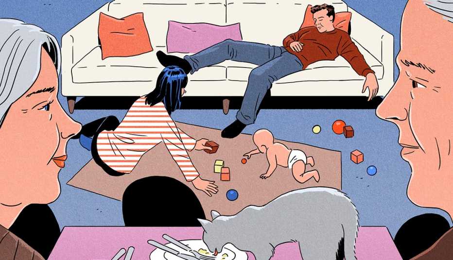Padres mayores mirándose mientras sus hijos adultos lidian con su nieto