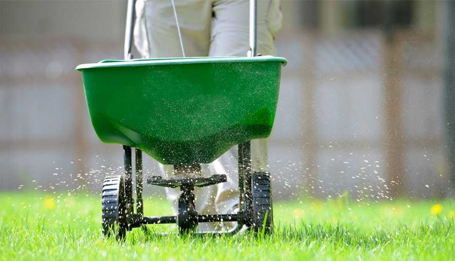 Persona fertiliza el césped