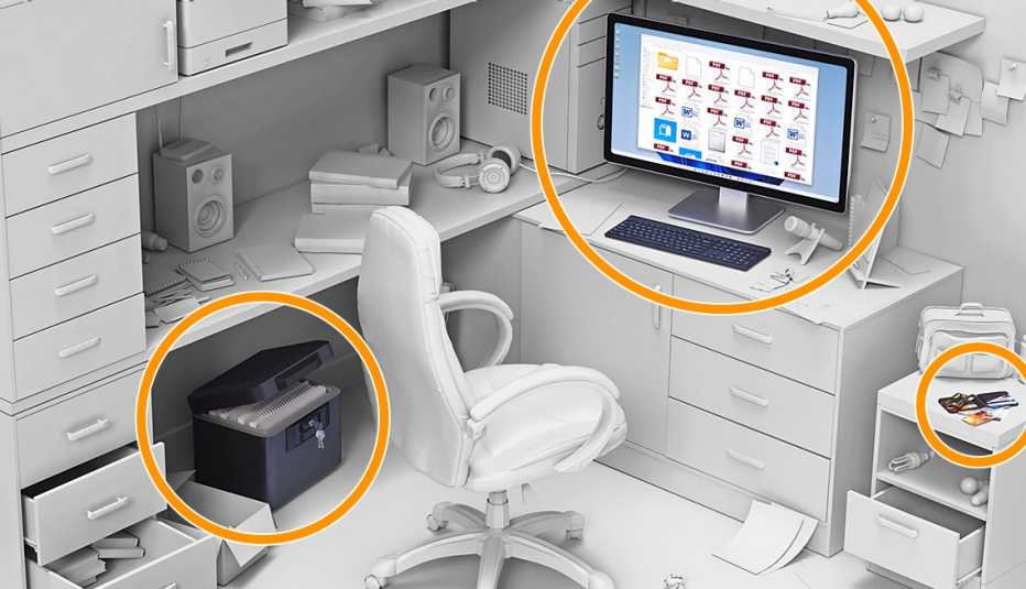 Cubículo de oficina con lugares para almacenar documentos importantes