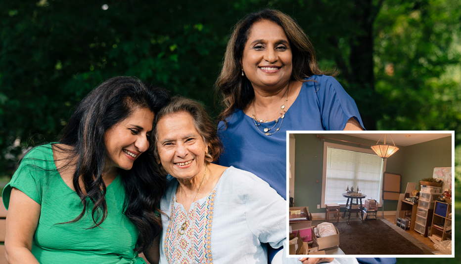 Prasanta Verma y su madre, Chander Verma, y una imagen del progreso de la suite de invitados para Chander.