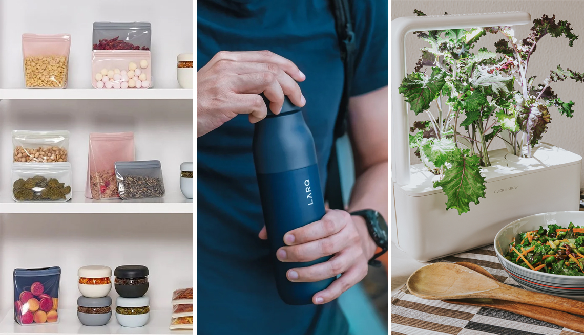 De izquierda a derecha: Bolsas de silicona reutilizables, botella de agua autodesinfectante y maceta de plantas de interior