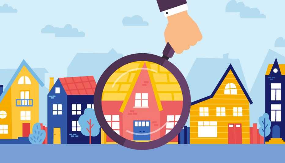 ilustración de una fila de casas con una mano sosteniendo una lupa sobre una de ellas