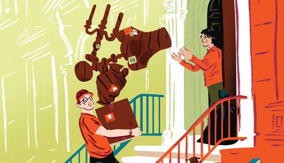 Gráfica muestra a dos personas moviendo muebles frente a su casa