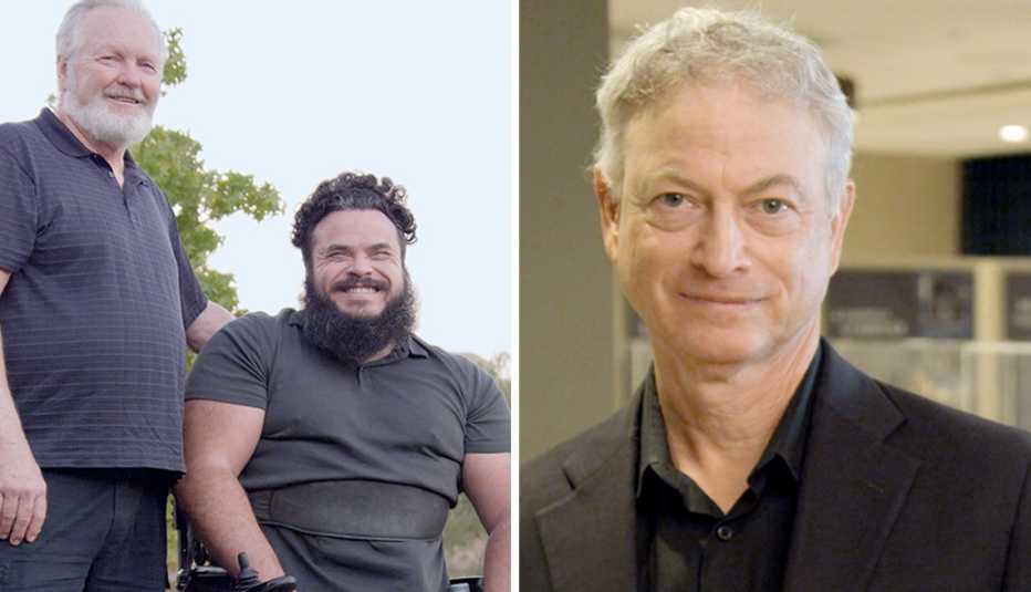 Jason Ross junto a su padre y una imagen separada de Gary Sinise