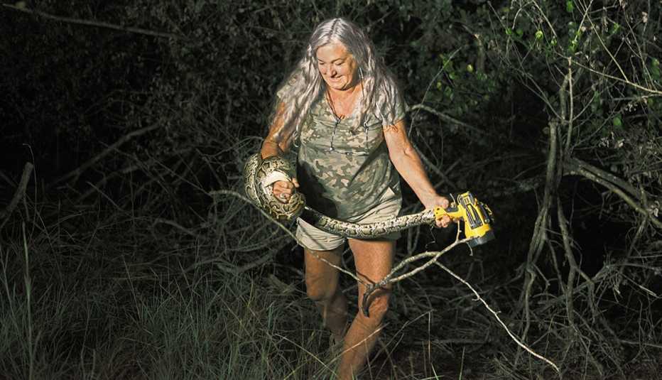 Anne Gorden-Vega, de 64 años, madre de dos hijos adultos, es artista de cerámica en Miami y contratista de la Comisión de Conservación de Vida Silvestre y Pesca de Florida. En la imagen, atrapando una pitón en el bosque por la noche. Anne Gorden-Vega, de 64 años, madre de dos hijos adultos, es artista de cerámica en Miami y contratista de la Comisión de Conservación de Vida Silvestre y Pesca de Florida. En la imagen, atrapando una pitón en el bosque por la noche.