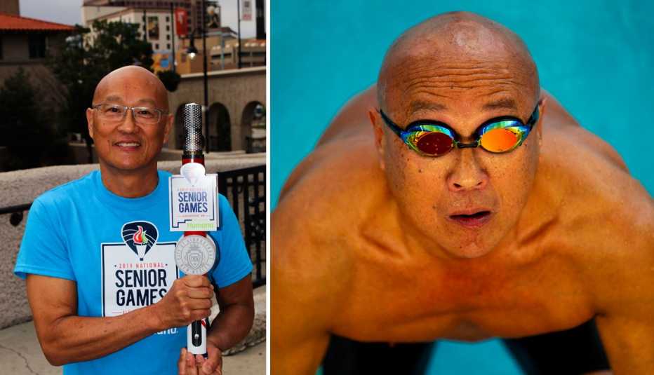 Philipp Djang muestra un trofeo en los National Senior Games del 2019. Y en la otra imagen en la piscina lista para arrancar.