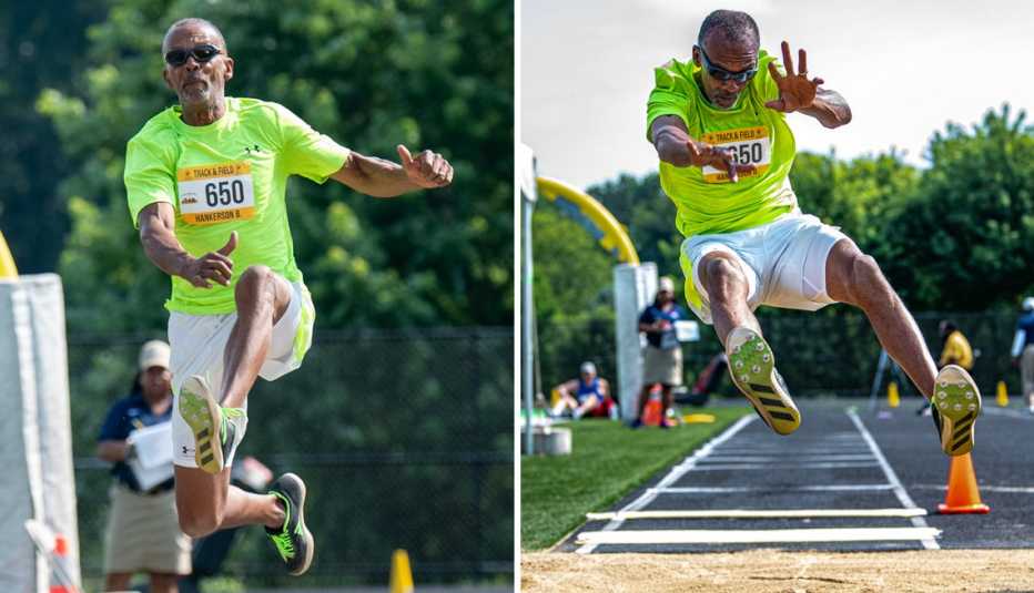 Brian Hankerson compite en el salto de longitud en los National Senior Games del 2023