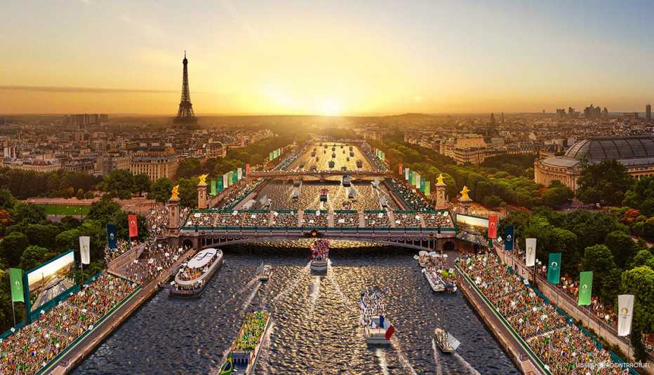Representación aérea de París con la Torre Eiffel y el río Sena para las ceremonias de apertura de los Juegos Olímpicos de 2024