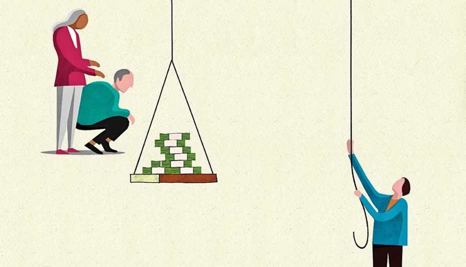 Ilustración de una pareja a un lado y el hijo al otro mientras sube una balanza con dinero.