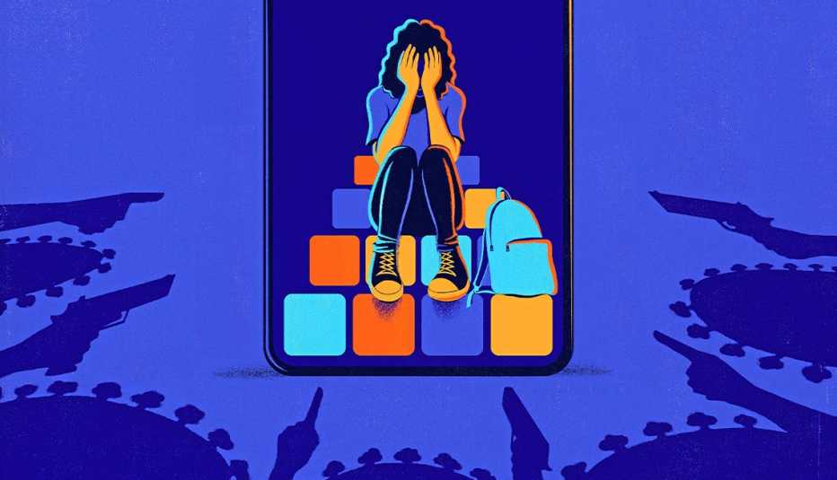 Gráfica de adolescente llorando atrapado en un teléfono móvil 