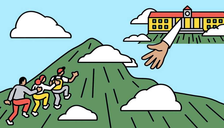 ilustración de una universidad en la esquina superior con una mano que sale del edificio para alcanzar a un grupo de estudiantes que suben una montaña