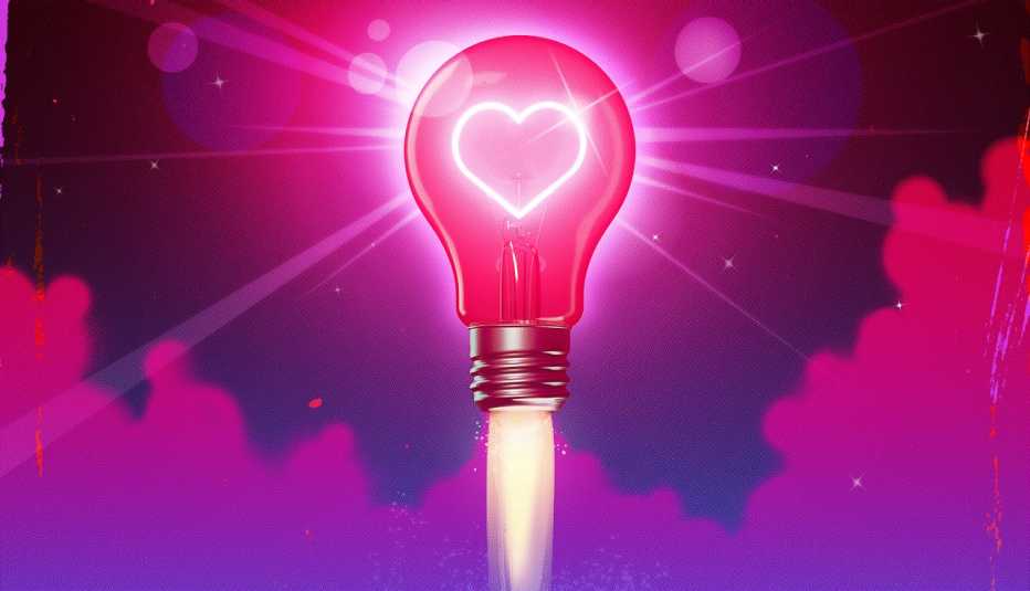 una ilustración de una bombilla rosa con un corazón en el centro en medio de nubes rosas y moradas 