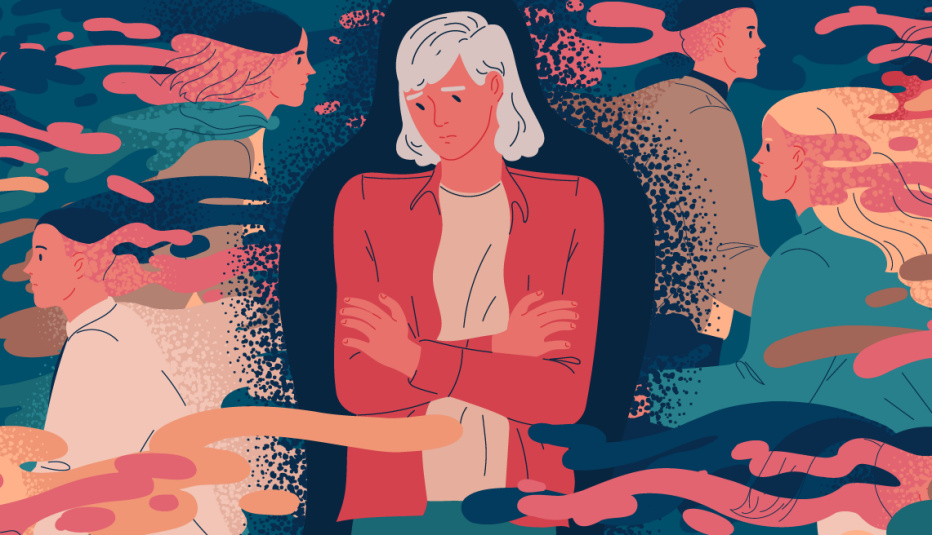 ilustración de una mujer mayor sola mientras otras personas pasan a su alrededor