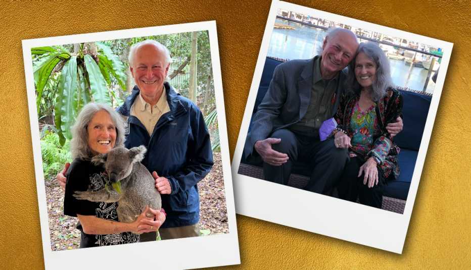 Joan Price and Mac Marshall posing in two pictures