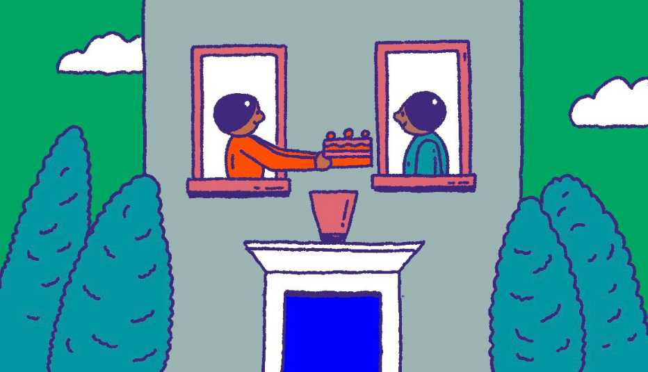 Dos personas en las ventanas de un edificio de apartamentos, una le entrega un pastel a la otra. Dos personas en las ventanas de un edificio de apartamentos, una le entrega un pastel a la otra.