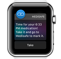Recordatorio de Medisafe que se muestra en inglés en un dispositivo Apple Watch