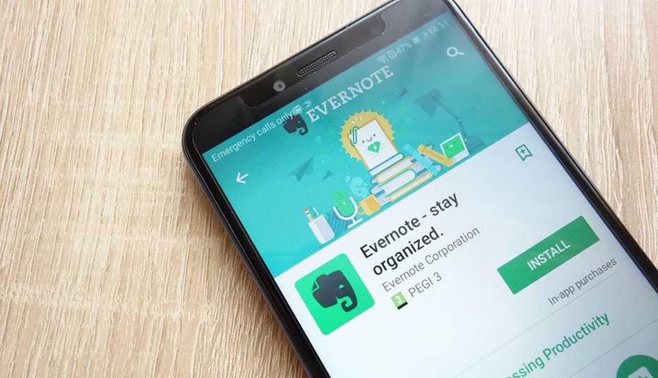 Aplicación Evernote en teléfono inteligente Aplicación Evernote en teléfono inteligente