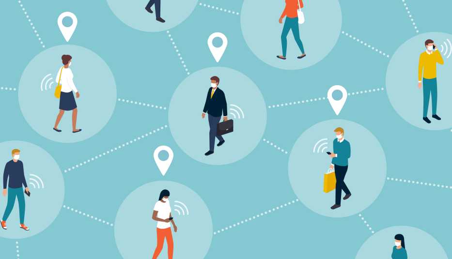 Ilustración de personas que usan máscaras y teléfonos celulares que simbolizan el rastreo o ubicación de cada individuo