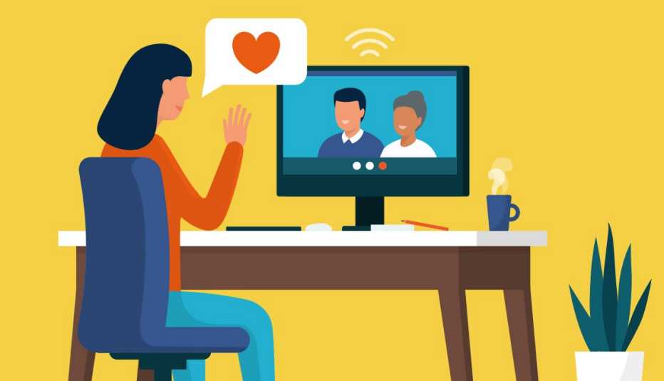 Gráfica de una mujer frente a un escritorio en casa conversando con sus padres en una computadora de escritorio