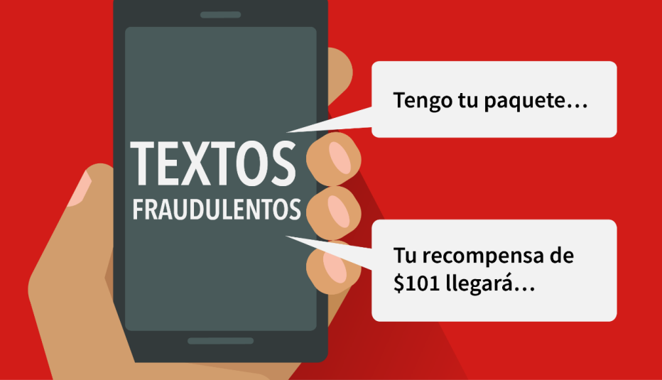 Ilustración de un teléfono inteligente que dice textos fraudulentos y tengo tu paquete, y tu recompensa de $101 llegará
