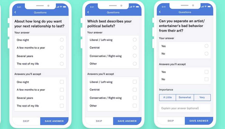 Capturas de pantalla de preguntas en la aplicación OKcupid