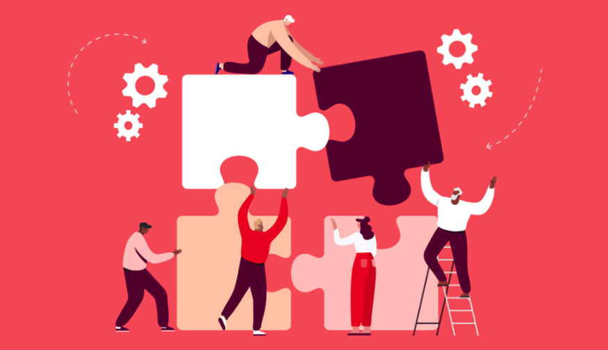 Ilustración de personas que resuelven juntos un rompecabezas gigante Ilustración de personas que resuelven juntos un rompecabezas gigante