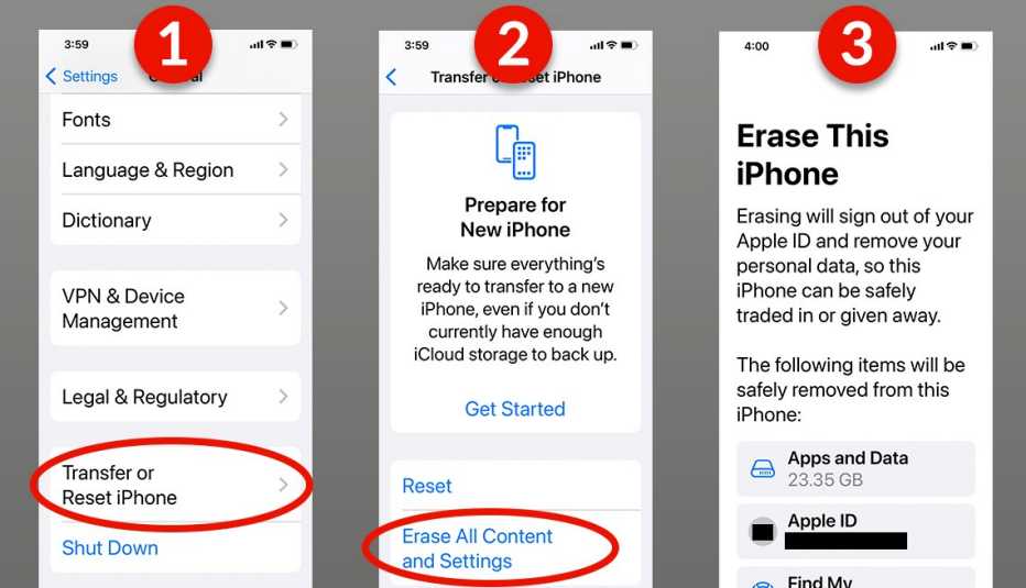 Tres capturas de pantalla de un iPhone que muestran cómo borrar todos los datos del teléfono