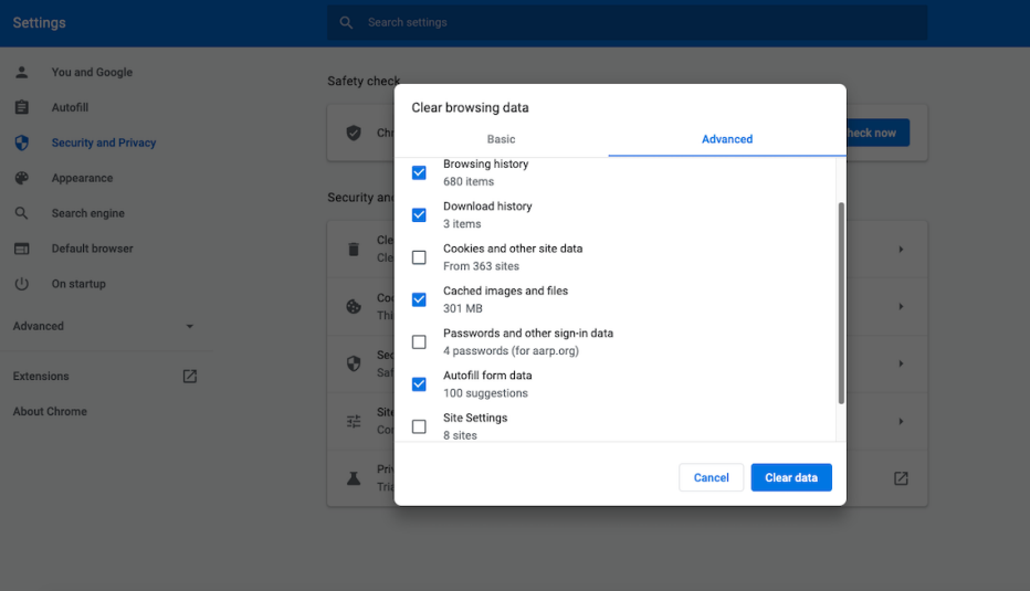 Captura de pantalla que muestra el mensaje que aparece cuando borra la memoria caché del navegador Chrome
