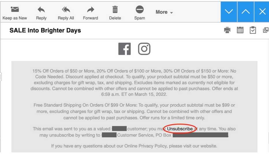 Captura de pantalla de la parte inferior de un correo electrónico promocional con el enlace para darse de baja Captura de pantalla de la parte inferior de un correo electrónico promocional con el enlace para darse de baja