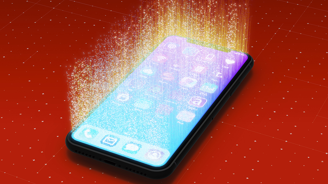 Gráfica de teléfono inteligente con luz que sale de la pantalla